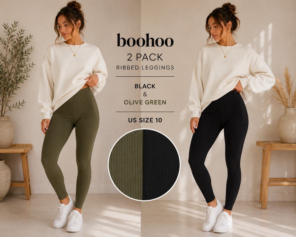 Boohoo 2 Pack Ribbed Leggings Black Olive Green High Rise Stretch Size 10